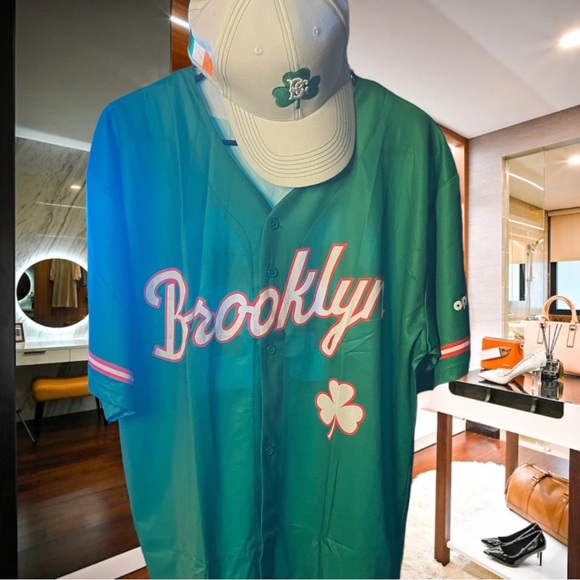 BROOKLYN CYCLONES SGA XL IRISH NIGHT JERSEY+WHITE SHAMROCK CAP HAT NEW YORK